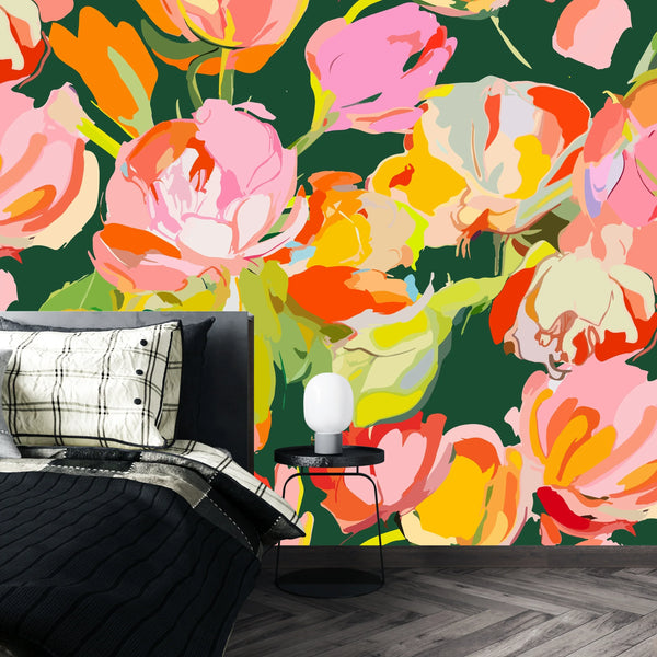 Colorful Bright Floral Wallpaper, Seamless Pattern Mural, Oversized Custom Size Wall Art, Non-Woven, Non-Adhesive, Modern Wall Paper, Removable
