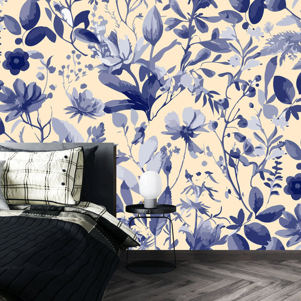 Purple Floral Wallpaper, Seamless Pattern Mural, Oversized Custom Size Wall Art, Non-Woven, Non-Adhesive, Modern Wall Paper, Removable