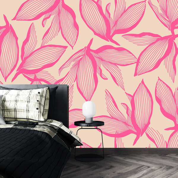 Pink Exotic Flowers Wallpaper, Seamless Pattern Mural, Oversized Custom Size Wall Art, Non-Woven, Non-Adhesive, Modern Wall Paper, Removable
