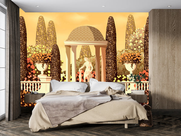 Flower Garden Wallpaper, Terrace in the Park Mural, Oversized Custom Size Wall Art, Non-Woven, Non-Adhesive, Modern Wall Paper, Removable
