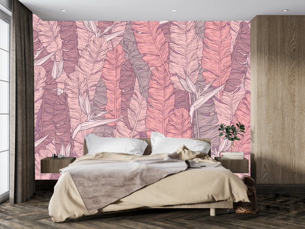 Coral Tropical Leaves Wallpaper, Seamless Pattern Mural, Oversized Custom Size Wall Art, Non-Woven, Non-Adhesive, Modern Wall Paper, Removable