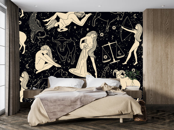 Signs Zodiac Wallpaper, Seamless Pattern Mural, Oversized Custom Size Wall Art, Non-Woven, Non-Adhesive, Modern Wall Paper, Removable
