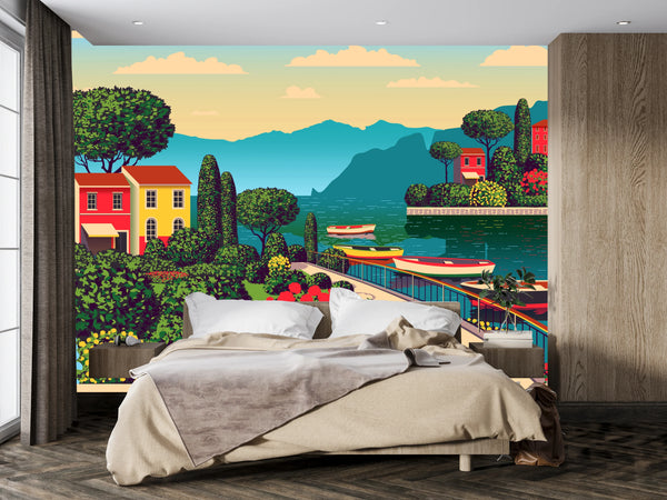 Mediterranean Romantic Landscape Wallpaper, Handmade Drawing Mural, Oversized Custom Size Wall Art, Non-Woven, Non-Adhesive, Modern Wall Paper, Removable