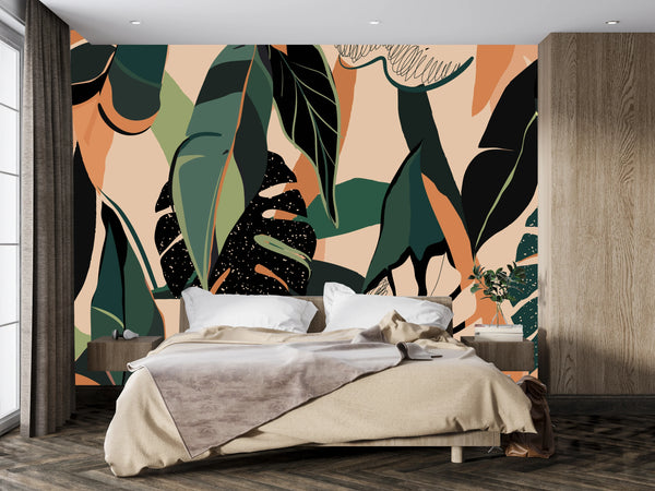 Modern Exotic Wallpaper, Jungle Plants Mural, Oversized Custom Size Wall Art, Non-Woven, Non-Adhesive, Modern Wall Paper, Removable