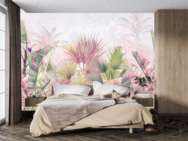 Tropical Forest, Pastel Colors Wallpaper, Leaves and Trees Mural, Oversized Custom Size Wall Art, Non-Woven, Non-Adhesive, Modern Wall Paper, Removable