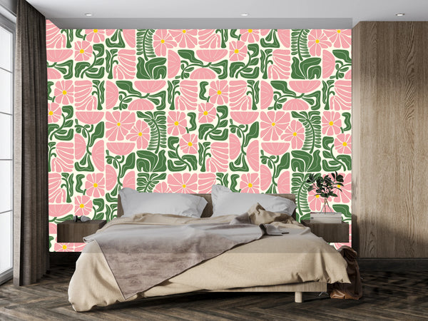 Abstract Geometric Floral Wallpaper, Seamless Pattern Mural, Oversized Custom Size Wall Art, Non-Woven, Non-Adhesive, Modern Wall Paper, Removable