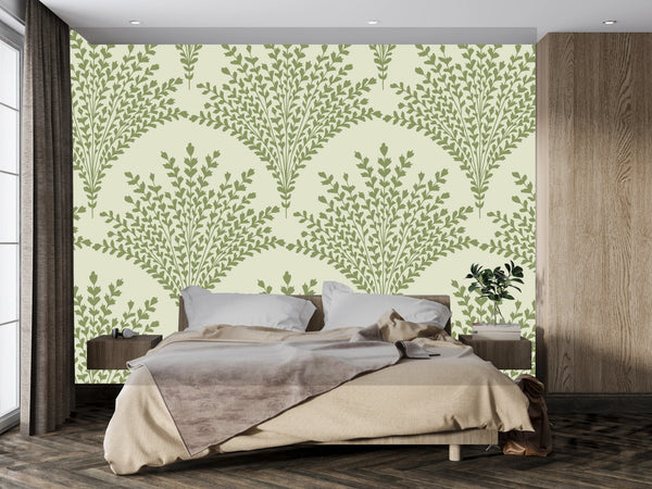 Bouquet of Leaves Wallpaper, Pastel Green Mural, Oversized Custom Size Wall Art, Non-Woven, Non-Adhesive, Modern Wall Paper, Removable