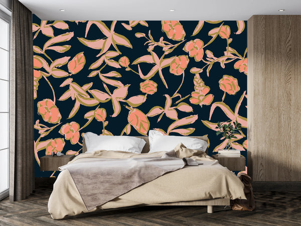 Colorful Floral Wallpaper, Seamless Pattern Mural, Oversized Custom Size Wall Art, Non-Woven, Non-Adhesive, Modern Wall Paper, Removable