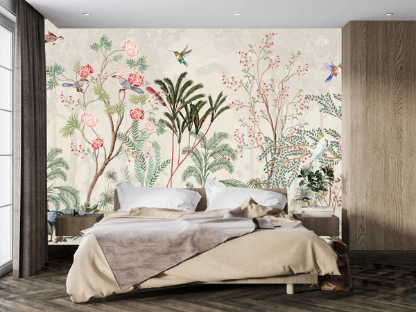 Blossom Trees Wallpaper, Sparrows Mural, Oversized Custom Size Wall Art, Non-Woven, Non-Adhesive, Modern Wall Paper, Removable