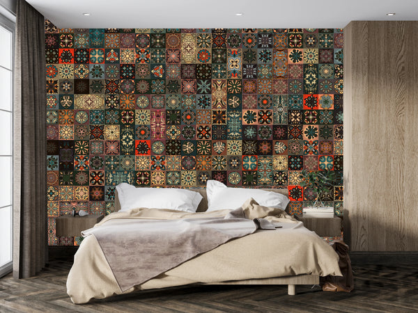 Colorful Vintage Mandala Wallpaper, Seamless Pattern Mural, Oversized Custom Size Wall Art, Non-Woven, Non-Adhesive, Modern Wall Paper, Removable