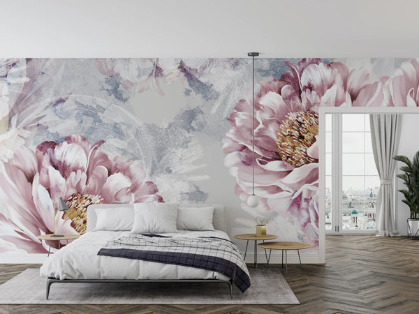 Peony Flowers Wallpaper, Pink Mural, Oversized Custom Size Wall Art, Non-Woven, Non-Adhesive, Modern Wall Paper, Removable