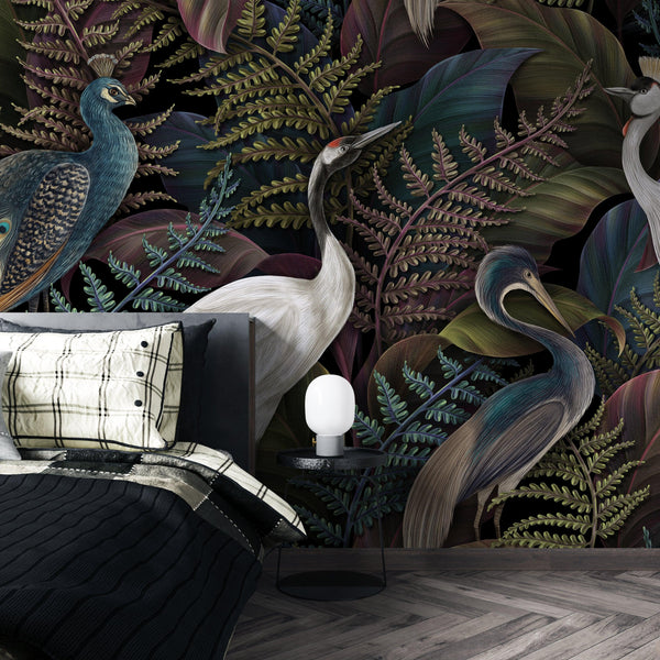 Royal Birds Wallpaper, Tropical Seamless Background Mural, Oversized Custom Size Wall Art, Non-Woven, Non-Adhesive, Modern Wall Paper, Removable