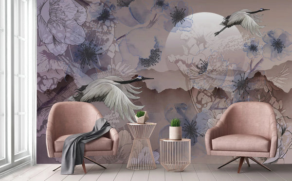 Birds Scene Wall Mural, Botanical Tropical Wallpaper, Nature, Customized Wall Mural, Durable, Non-Woven Wall Paper, Non-Adhesive, Removable - Walloro High End Wallcoverings & More