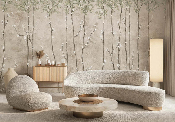 Bloom Flowers Wall Mural, Light Beige Floral Blossom Wallpaper, Oversized Nature Art Customized Wall Covering, Non-Woven, Non-Adhesive, Removable - Walloro High End Wallcoverings & More