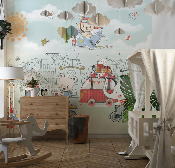 Cute Baby Animals Wallpaper, Hand Drawn Mural, Oversized Custom Size Wall Art, Non-Woven, Non-Adhesive, Modern Wall Paper, Removable