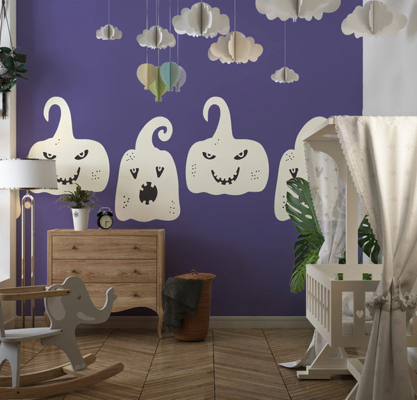 Ghosts, Purple Background Wallpaper, Seamless Pattern Mural, Oversized Custom Size Wall Art, Non-Woven, Non-Adhesive, Modern Wall Paper, Removable