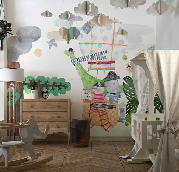 Cute Animals Wallpaper, Travelling by Balloon Mural, Oversized Custom Size Wall Art, Non-Woven, Non-Adhesive, Modern Wall Paper, Removable