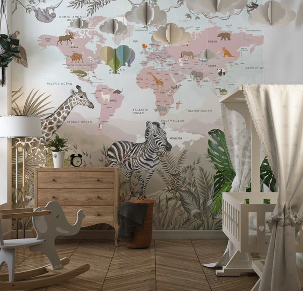 Kids World Map Wallpaper, Safari Animals Mural, Oversized Custom Size Wall Art, Non-Woven, Non-Adhesive, Modern Wall Paper, Removable
