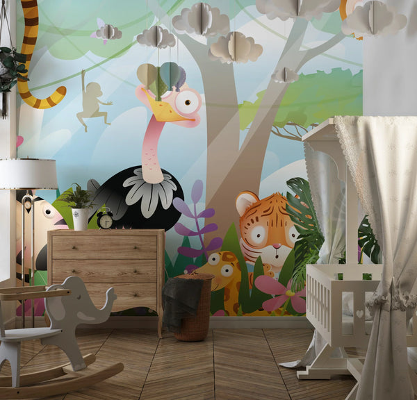 Kids Animals in Jungle Wallpaper, Wild Tropical Mural, Oversized Custom Size Wall Art, Non-Woven, Non-Adhesive, Modern Wall Paper, Removable