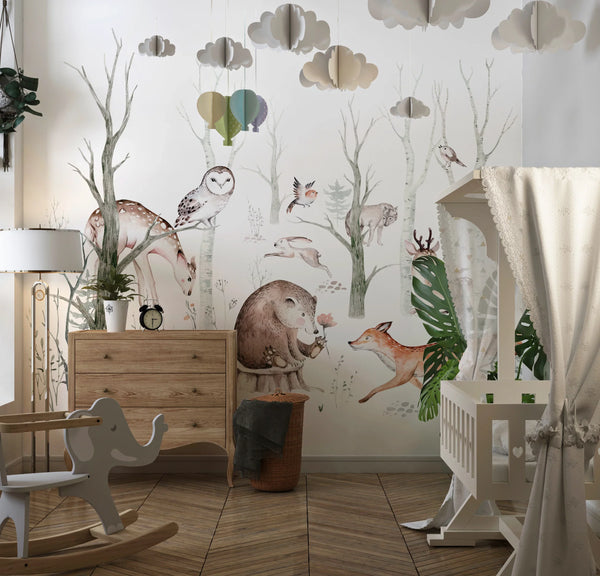 Cute Animals, Trees Wallpaper, White Background Mural, Oversized Custom Size Wall Art, Non-Woven, Non-Adhesive, Modern Wall Paper, Removable