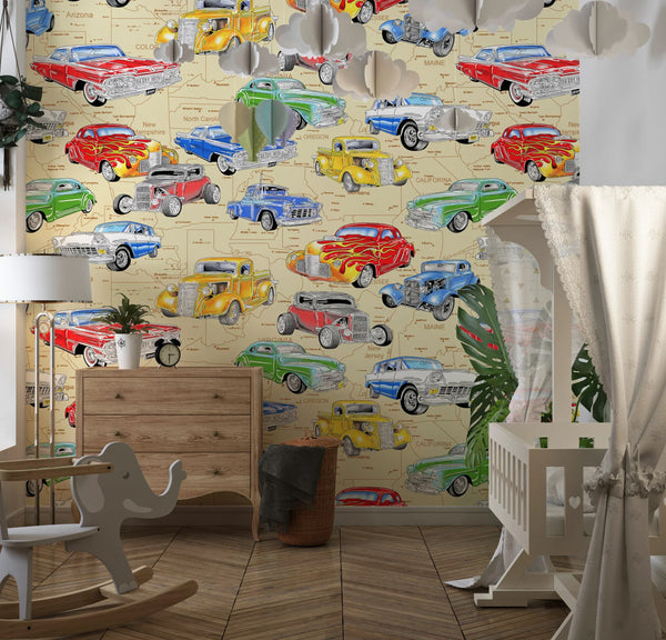 Kids Cars Wallpaper, Seamless Pattern Mural, Oversized Custom Size Wall Art, Non-Woven, Non-Adhesive, Modern Wall Paper, Removable