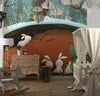 Bunnies and Bear Wallpaper, Sleeping in the Den Mural, Oversized Custom Size Wall Art, Non-Woven, Non-Adhesive, Modern Wall Paper, Removable
