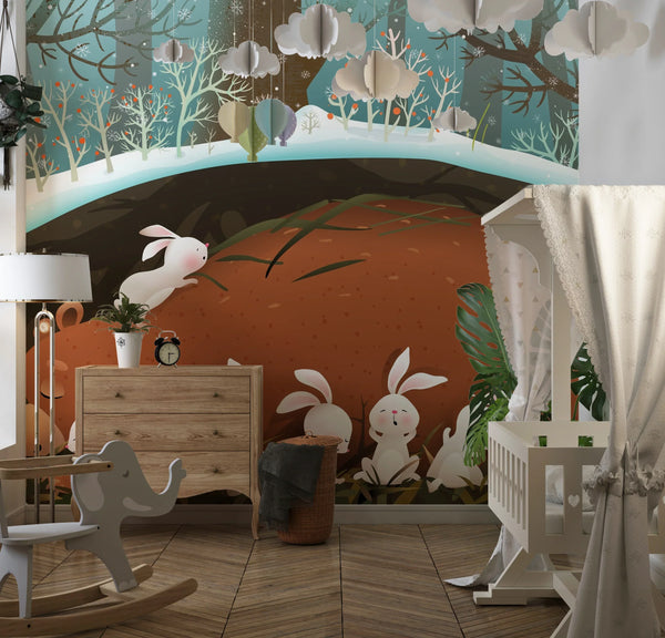 Bunnies and Bear Wallpaper, Sleeping in the Den Mural, Oversized Custom Size Wall Art, Non-Woven, Non-Adhesive, Modern Wall Paper, Removable