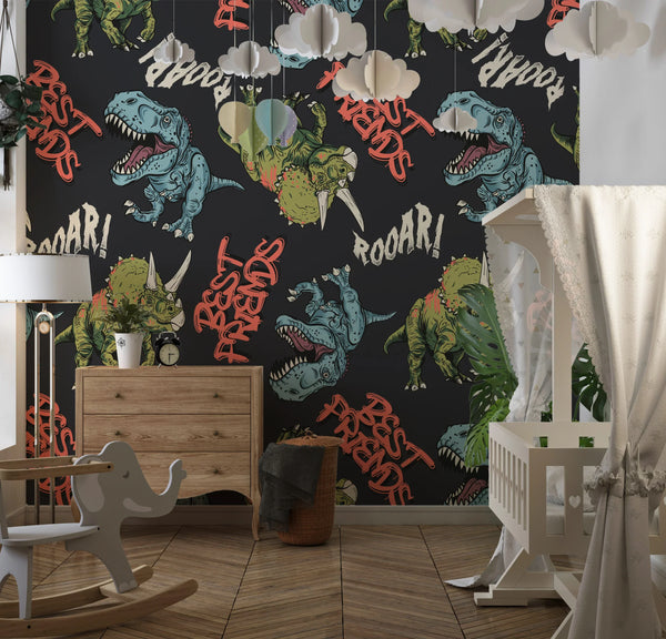 Cartoon Dinosaurs Wallpaper, Seamless Pattern Mural, Oversized Custom Size Wall Art, Non-Woven, Non-Adhesive, Modern Wall Paper, Removable