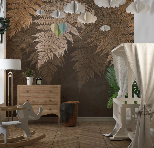 Tropical Leaves Wallpaper, Brown Tones Mural, Oversized Custom Size Wall Art, Non-Woven, Non-Adhesive, Modern Wall Paper, Removable