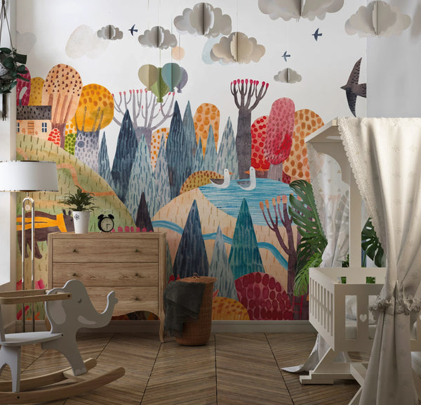 Bright Autumn Wallpaper, Village Mural, Oversized Custom Size Wall Art, Non-Woven, Non-Adhesive, Modern Wall Paper, Removable