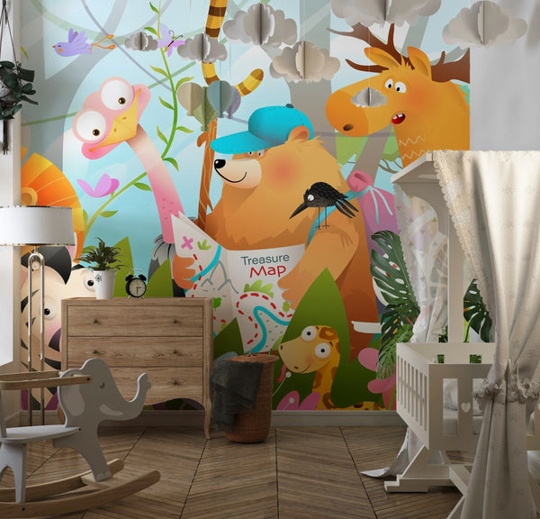Kids Adventure Wallpaper, Jungle Animals Mural, Oversized Custom Size Wall Art, Non-Woven, Non-Adhesive, Modern Wall Paper, Removable