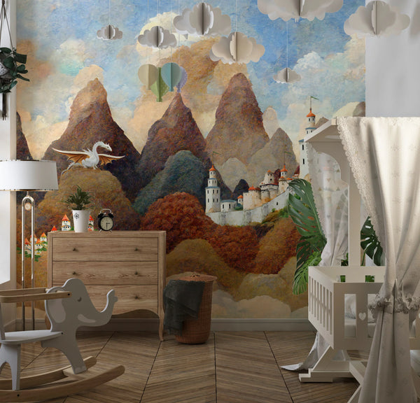 Castle and Dragon Wallpaper, Painted Style Mural, Oversized Custom Size Wall Art, Non-Woven, Non-Adhesive, Modern Wall Paper, Removable