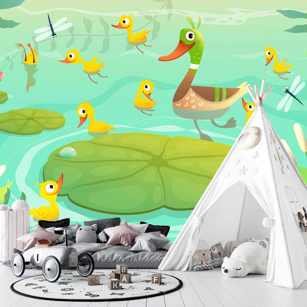Duck Family Wallpaper, Lake Mural, Oversized Custom Size Wall Art, Non-Woven, Non-Adhesive, Modern Wall Paper, Removable