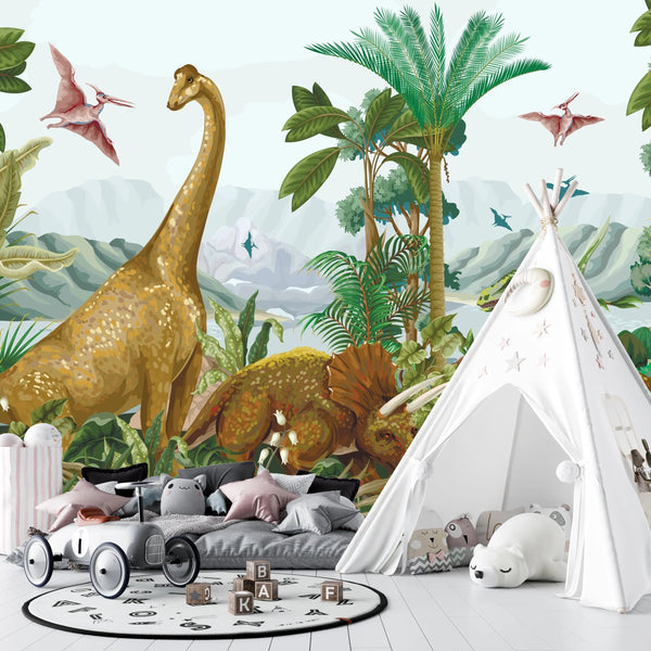Dino World Wallpaper, Palms Mural, Oversized Custom Size Wall Art, Non-Woven, Non-Adhesive, Modern Wall Paper, Removable