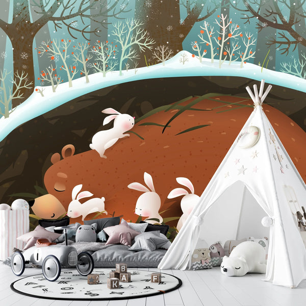 Bunnies and Bear Wallpaper, Sleeping in the Den Mural, Oversized Custom Size Wall Art, Non-Woven, Non-Adhesive, Modern Wall Paper, Removable