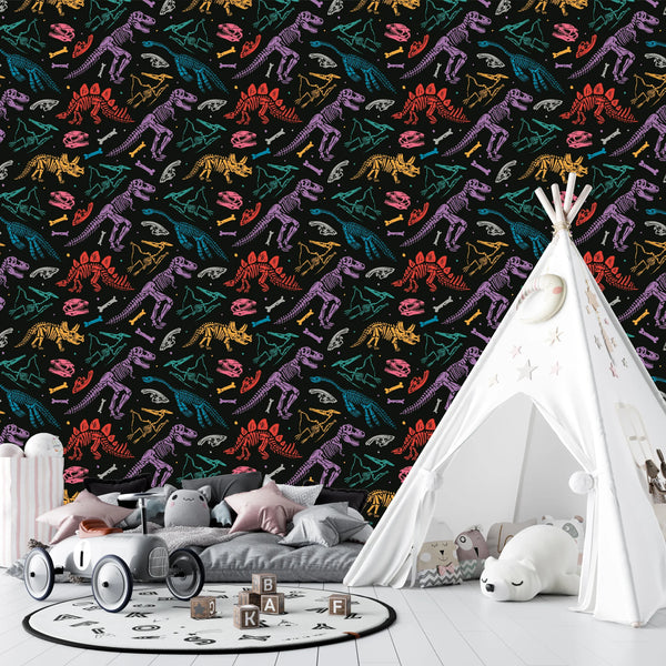 Colorful Dinosaur Skeletons Wallpaper, Seamless Pattern Mural, Oversized Custom Size Wall Art, Non-Woven, Non-Adhesive, Modern Wall Paper, Removable