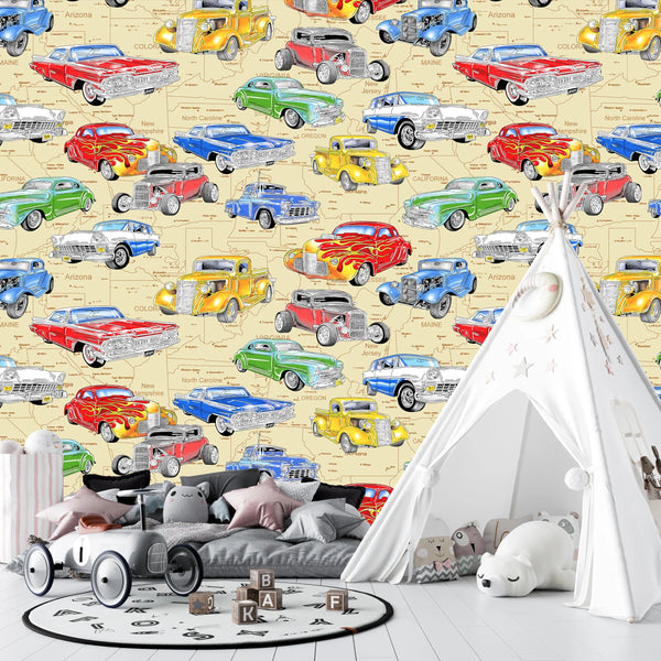 Kids Cars Wallpaper, Seamless Pattern Mural, Oversized Custom Size Wall Art, Non-Woven, Non-Adhesive, Modern Wall Paper, Removable