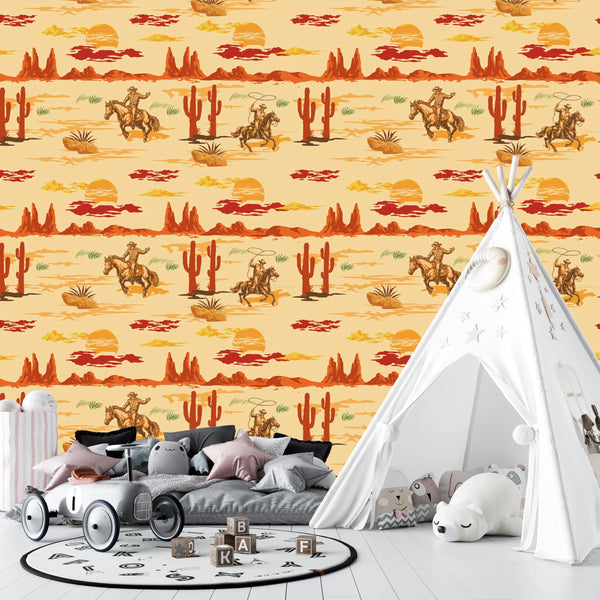 Wild West Wallpaper, Colorful Seamless Pattern Mural, Oversized Custom Size Wall Art, Non-Woven, Non-Adhesive, Modern Wall Paper, Removable