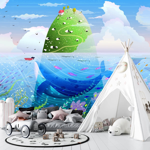 Island in the Ocean Wallpaper, Green Hill Mural, Oversized Custom Size Wall Art, Non-Woven, Non-Adhesive, Modern Wall Paper, Removable