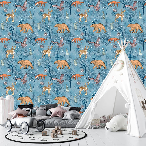 Forest Animals Wallpaper, Winter Seamless Pattern Mural, Oversized Custom Size Wall Art, Non-Woven, Non-Adhesive, Modern Wall Paper, Removable