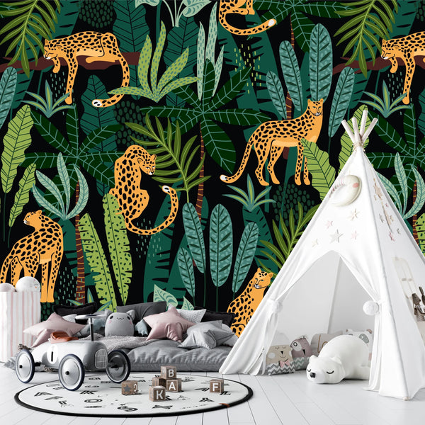 Leopards, Tropical Leaves Wallpaper, Seamless Pattern Mural, Oversized Custom Size Wall Art, Non-Woven, Non-Adhesive, Modern Wall Paper, Removable