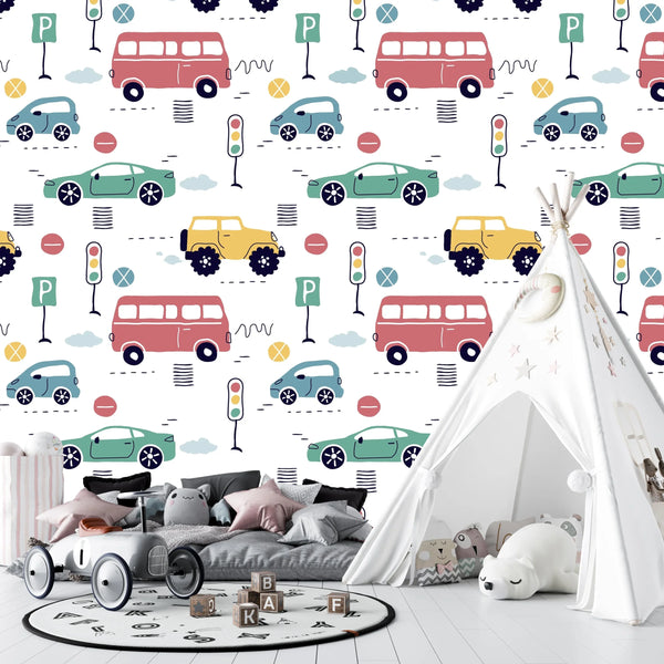 Kids Colorful Cars Wallpaper, Seamless Pattern Mural, Oversized Custom Size Wall Art, Non-Woven, Non-Adhesive, Modern Wall Paper, Removable