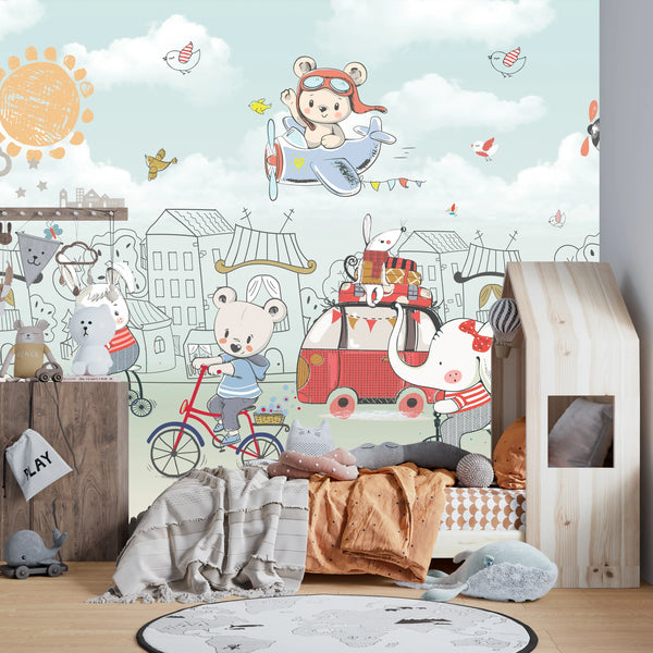 Cute Baby Animals Wallpaper, Hand Drawn Mural, Oversized Custom Size Wall Art, Non-Woven, Non-Adhesive, Modern Wall Paper, Removable