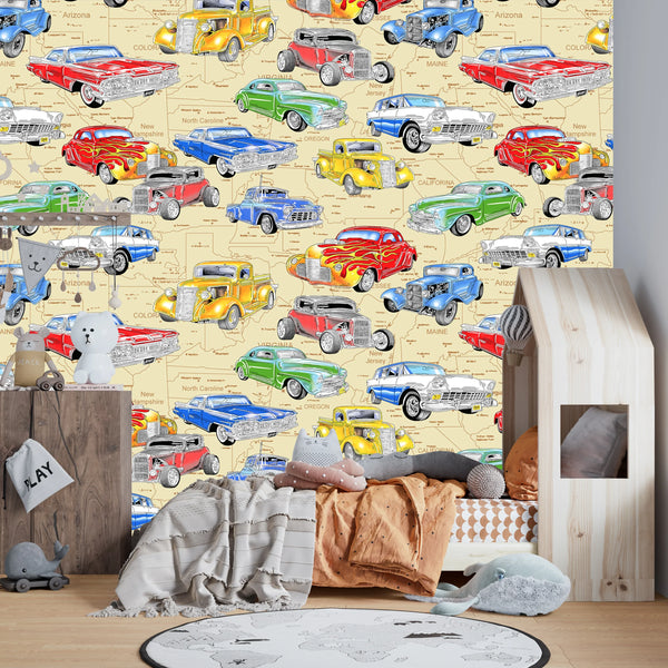 Kids Cars Wallpaper, Seamless Pattern Mural, Oversized Custom Size Wall Art, Non-Woven, Non-Adhesive, Modern Wall Paper, Removable