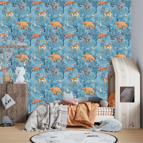 Forest Animals Wallpaper, Winter Seamless Pattern Mural, Oversized Custom Size Wall Art, Non-Woven, Non-Adhesive, Modern Wall Paper, Removable
