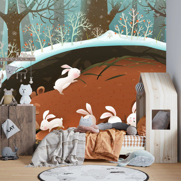 Bunnies and Bear Wallpaper, Sleeping in the Den Mural, Oversized Custom Size Wall Art, Non-Woven, Non-Adhesive, Modern Wall Paper, Removable