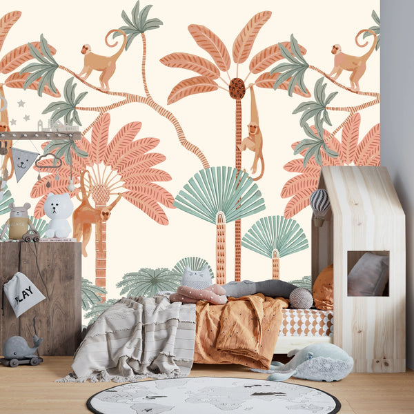 Monkey and Trees Wallpaper, Jungle Mural, Oversized Custom Size Wall Art, Non-Woven, Non-Adhesive, Modern Wall Paper, Removable