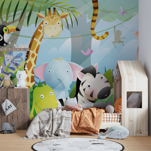 Kids Animals in Jungle Wallpaper, Wild Tropical Mural, Oversized Custom Size Wall Art, Non-Woven, Non-Adhesive, Modern Wall Paper, Removable