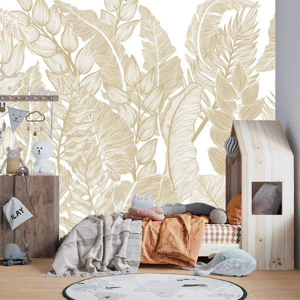 Horizontal Golden Leaves Wallpaper, Seamless Pattern Mural, Oversized Custom Size Wall Art, Non-Woven, Non-Adhesive, Modern Wall Paper, Removable