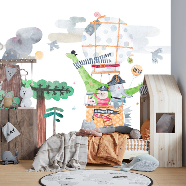 Cute Animals Wallpaper, Travelling by Balloon Mural, Oversized Custom Size Wall Art, Non-Woven, Non-Adhesive, Modern Wall Paper, Removable